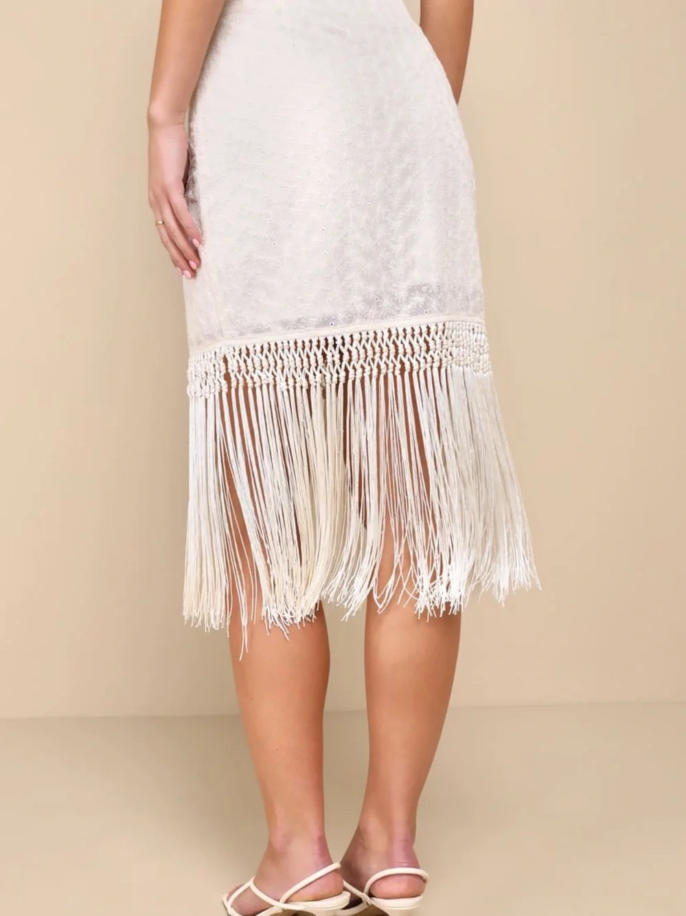Lulu's Pretty Bliss Cream Floral Embroidered Fringe Midi Skirt - Picture 3 of 7